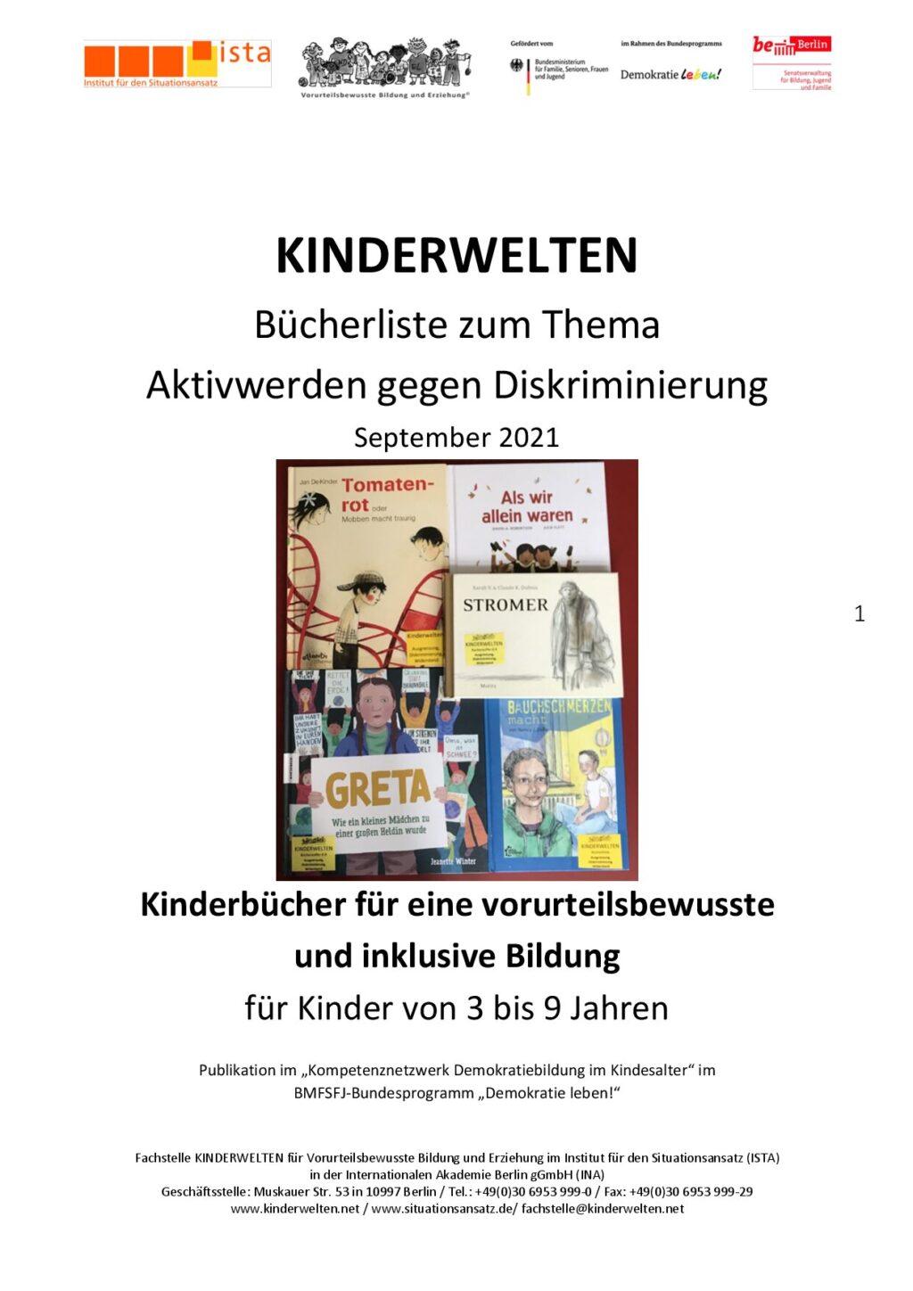 Cover von Kinderbücher für eine vorurteilsbewusste und inklusive Bildung für Kinder von 3 bis 9 Jahren. Bücherliste zum Thema Aktivwerden gegen Diskriminierung. September 2021