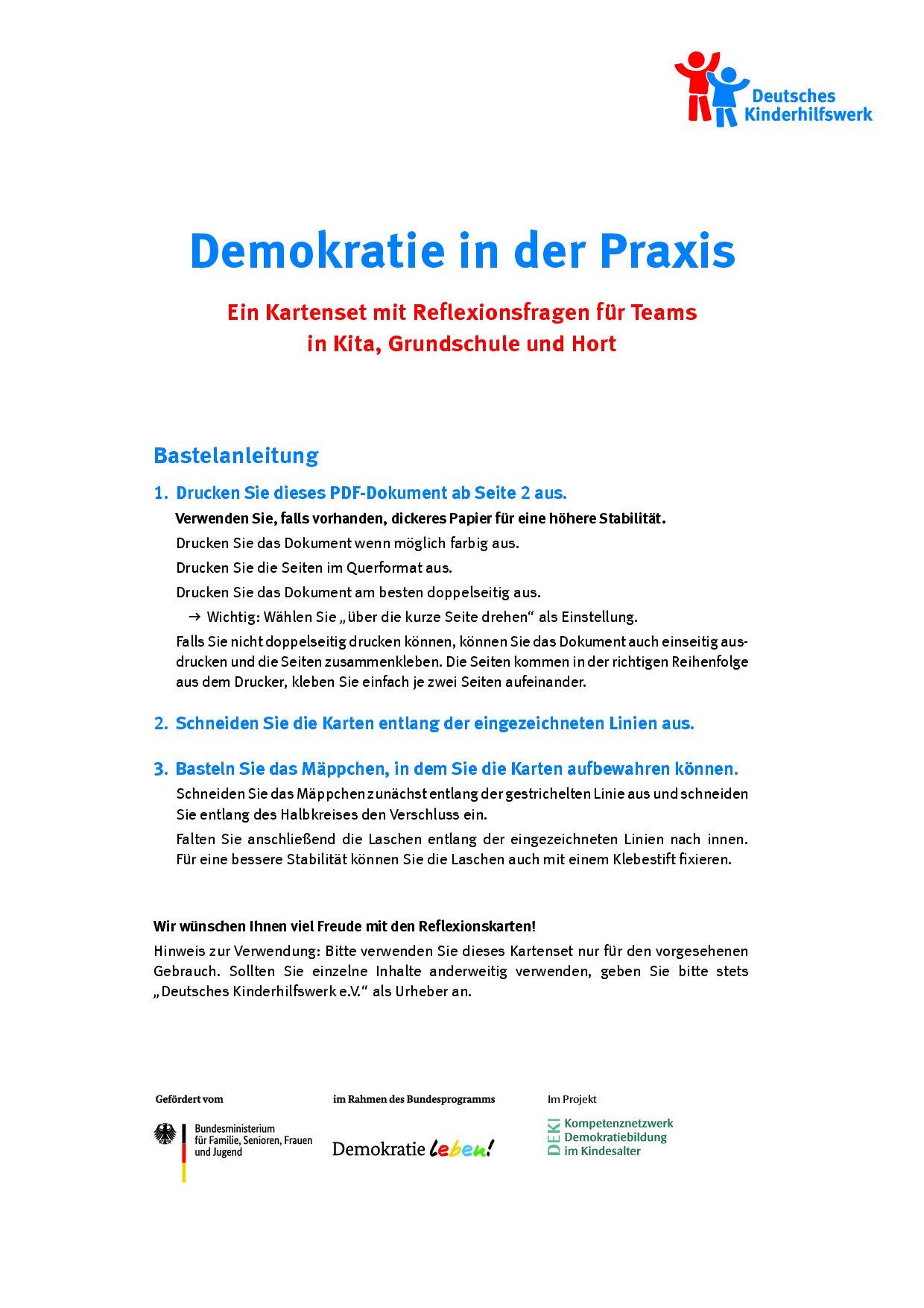 Cover von Demokratie in der Praxis. Ein Kartenset mit Reflexionsfragen für Teams in Kita, Grundschule und Hort