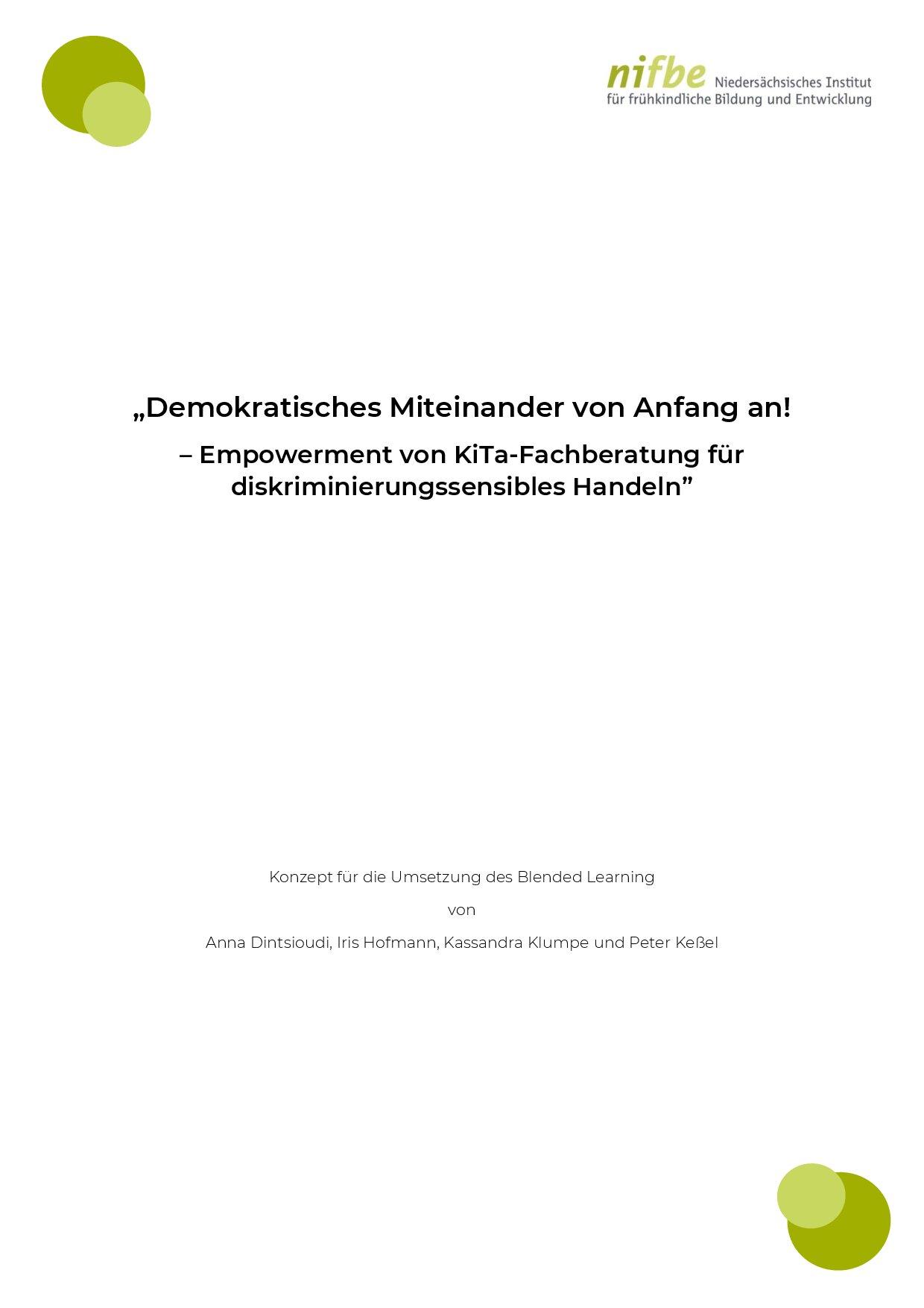 Cover von "Demokratisches Miteinander von Anfang an! – Empowerment von KiTa-Fachberatung für diskriminierungssensibles Handeln". Konzept für die Umsetzung des Blended Learning
