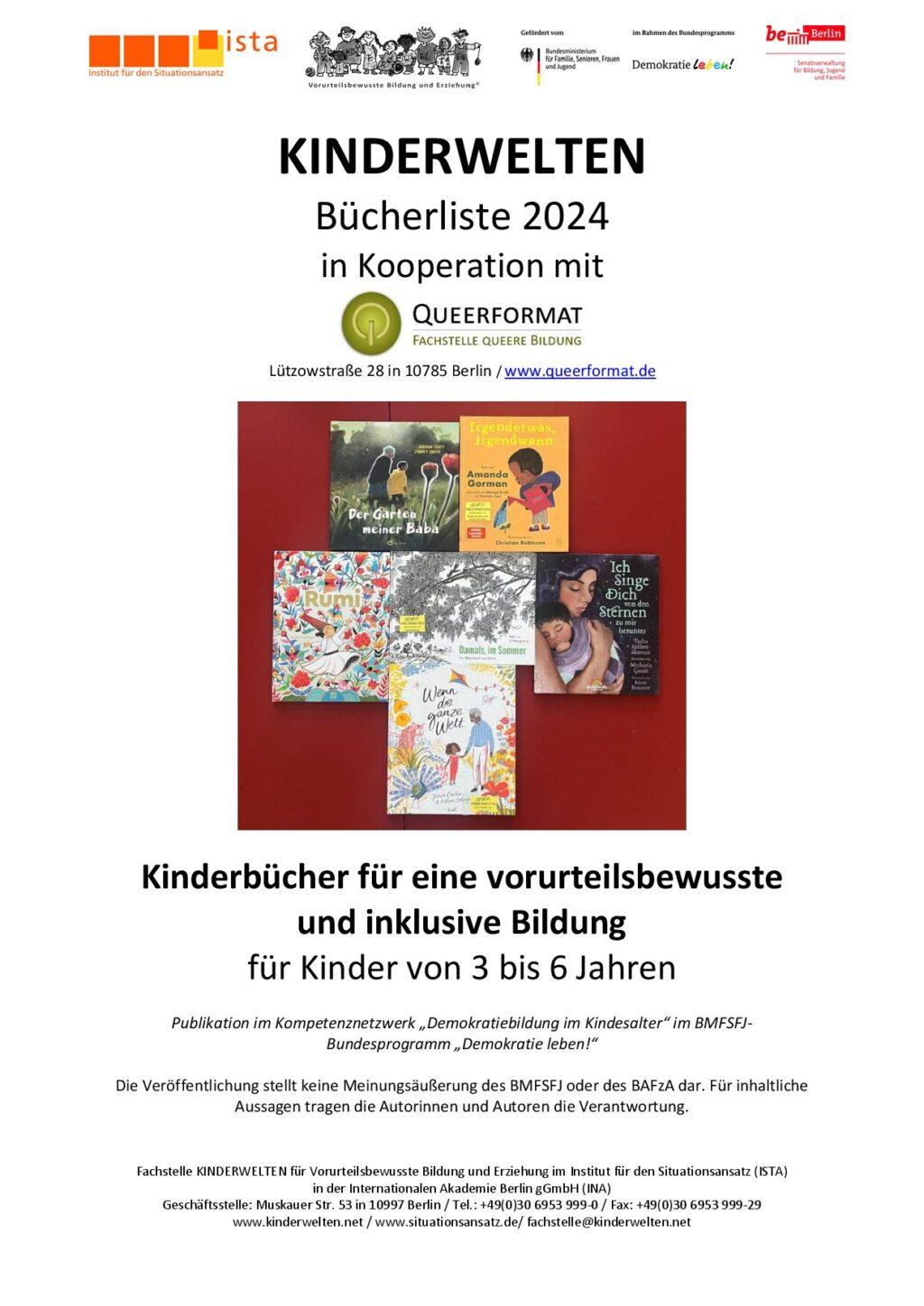 Cover von Kinderbücher für eine vorurteilsbewusste und inklusive Bildung für Kinder von 3 bis 6 Jahre. Kinderbuchempfehlungen der Fachstelle Kinderwelten in Kooperation mit Queerformat. Bücherliste 2024