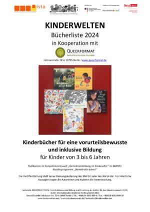 Cover von Kinderbücher für eine vorurteilsbewusste und inklusive Bildung für Kinder von 3 bis 6 Jahre. Kinderbuchempfehlungen der Fachstelle Kinderwelten in Kooperation mit Queerformat. Bücherliste 2024