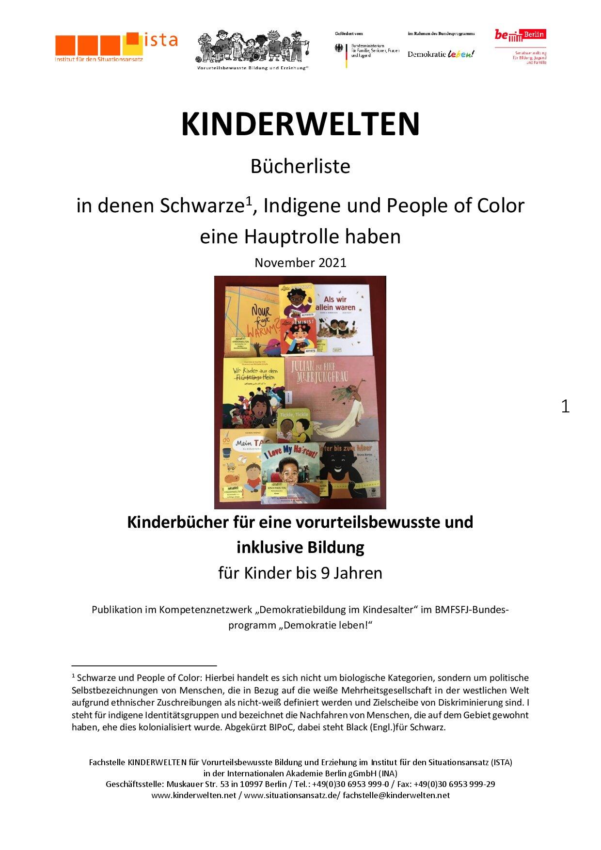 Cover von Kinderbücher für eine vorurteilsbewusste und inklusive Bildung für Kinder bis 9 Jahren. Bücherliste in denen Schwarze, Indigene und People of Color eine Hauptrolle haben