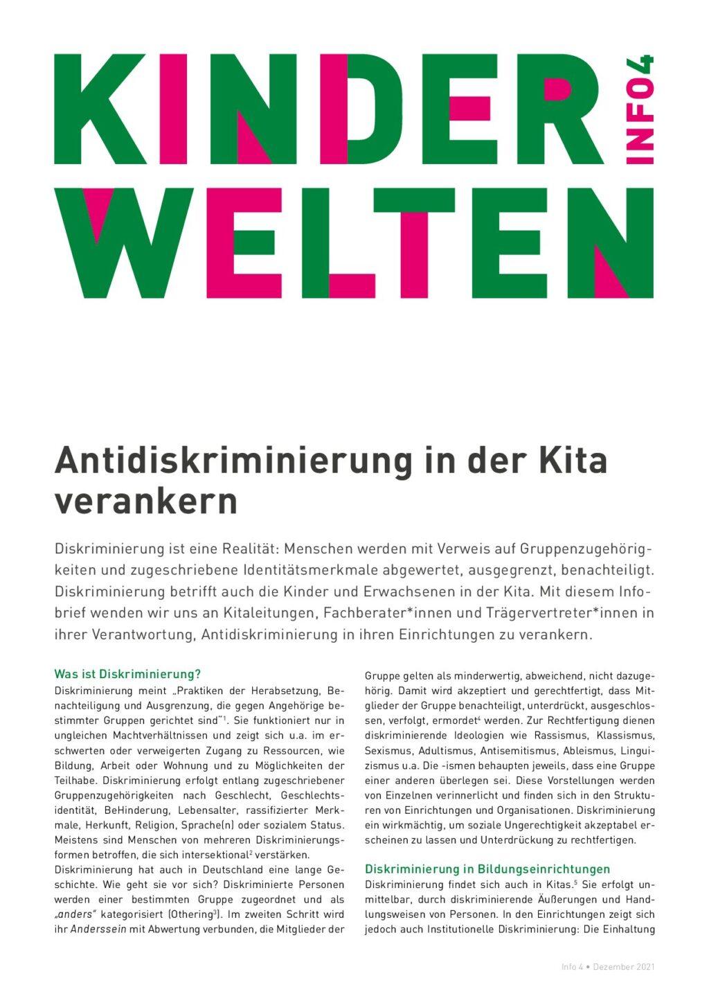 Cover von Kinderwelten Info 4. Antidiskriminierung in der Kita verankern