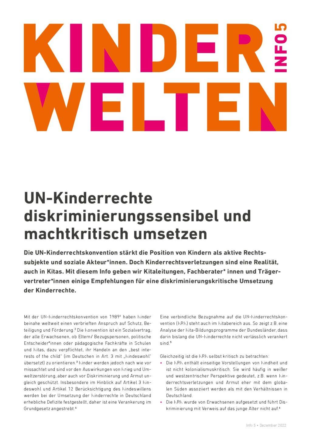 Cover von Kinderwelten Info 5. UN-Kinderrechte diskriminierungssensibel und machtkritisch umsetzen