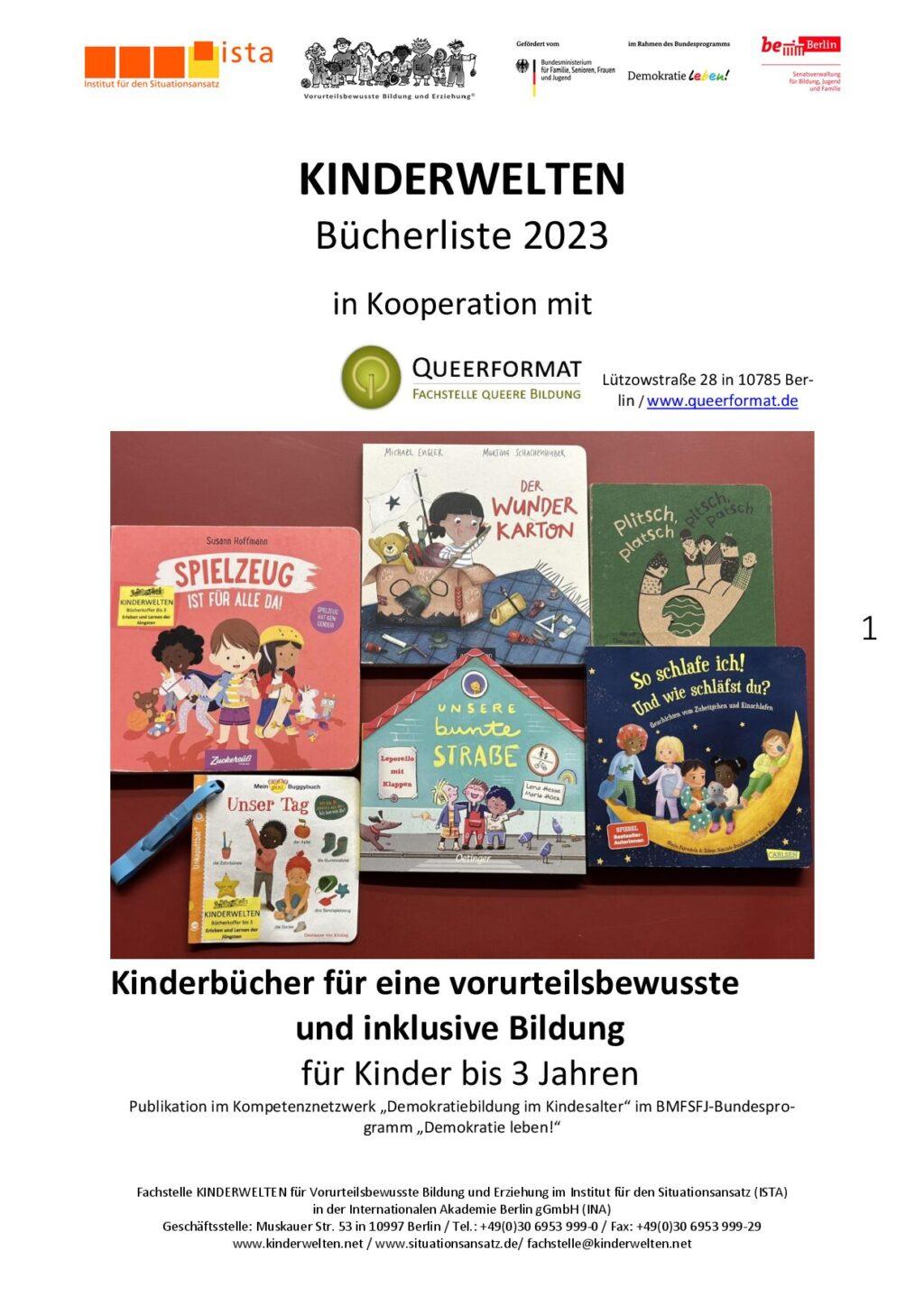Cover von Kinderbücher für eine vorurteilsbewusste und inklusive Bildung für Kinder bis 3 Jahre. Kinderbuchempfehlungen der Fachstelle Kinderwelten in Kooperation mit Queerformat. Bücherliste 2023