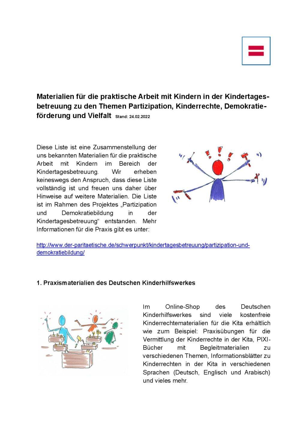 Cover von Materialien für die praktische Arbeit mit Kindern in der Kindertagesbetreuung zu den Themen Partizipation, Kinderrechte, Demokratieförderung und Vielfalt