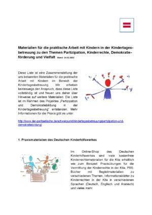 Cover von Materialien für die praktische Arbeit mit Kindern in der Kindertagesbetreuung zu den Themen Partizipation, Kinderrechte, Demokratieförderung und Vielfalt