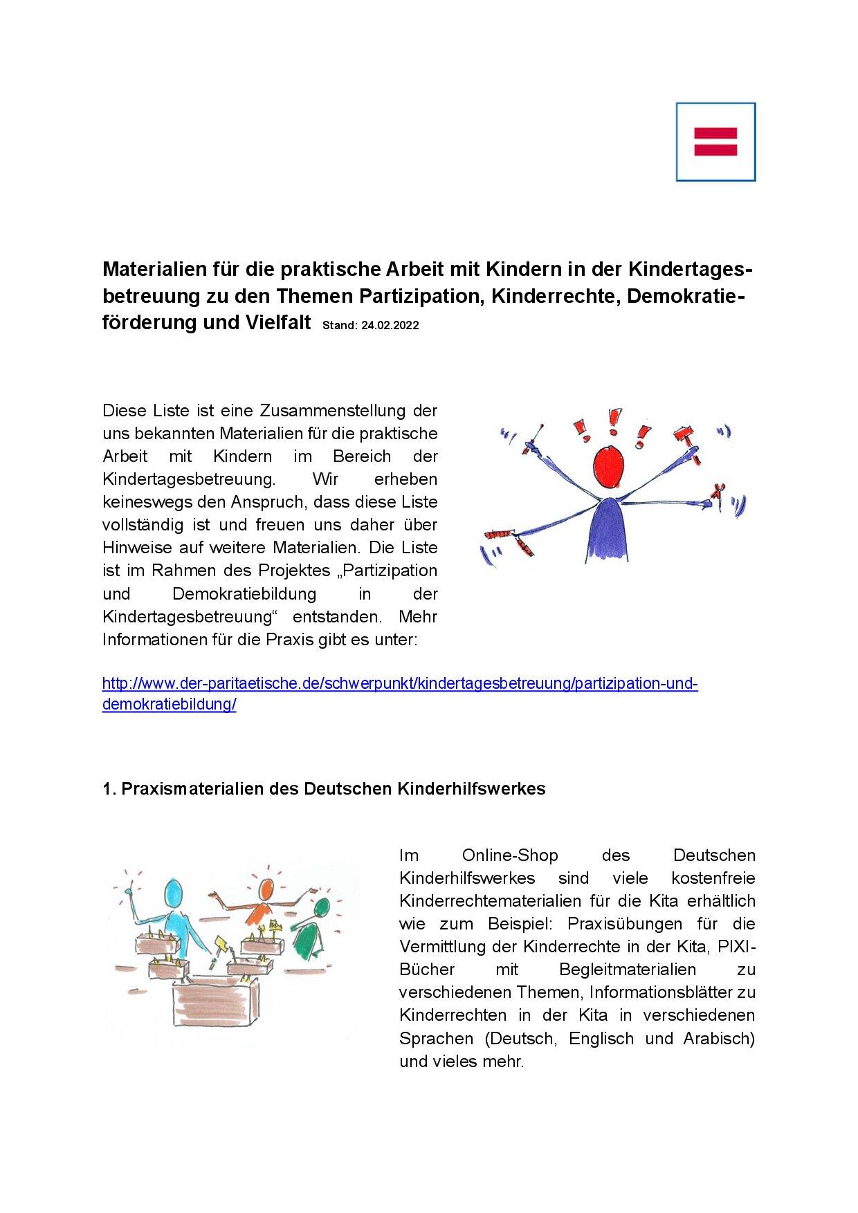 Cover von Materialien für die praktische Arbeit mit Kindern in der Kindertagesbetreuung zu den Themen Partizipation, Kinderrechte, Demokratieförderung und Vielfalt