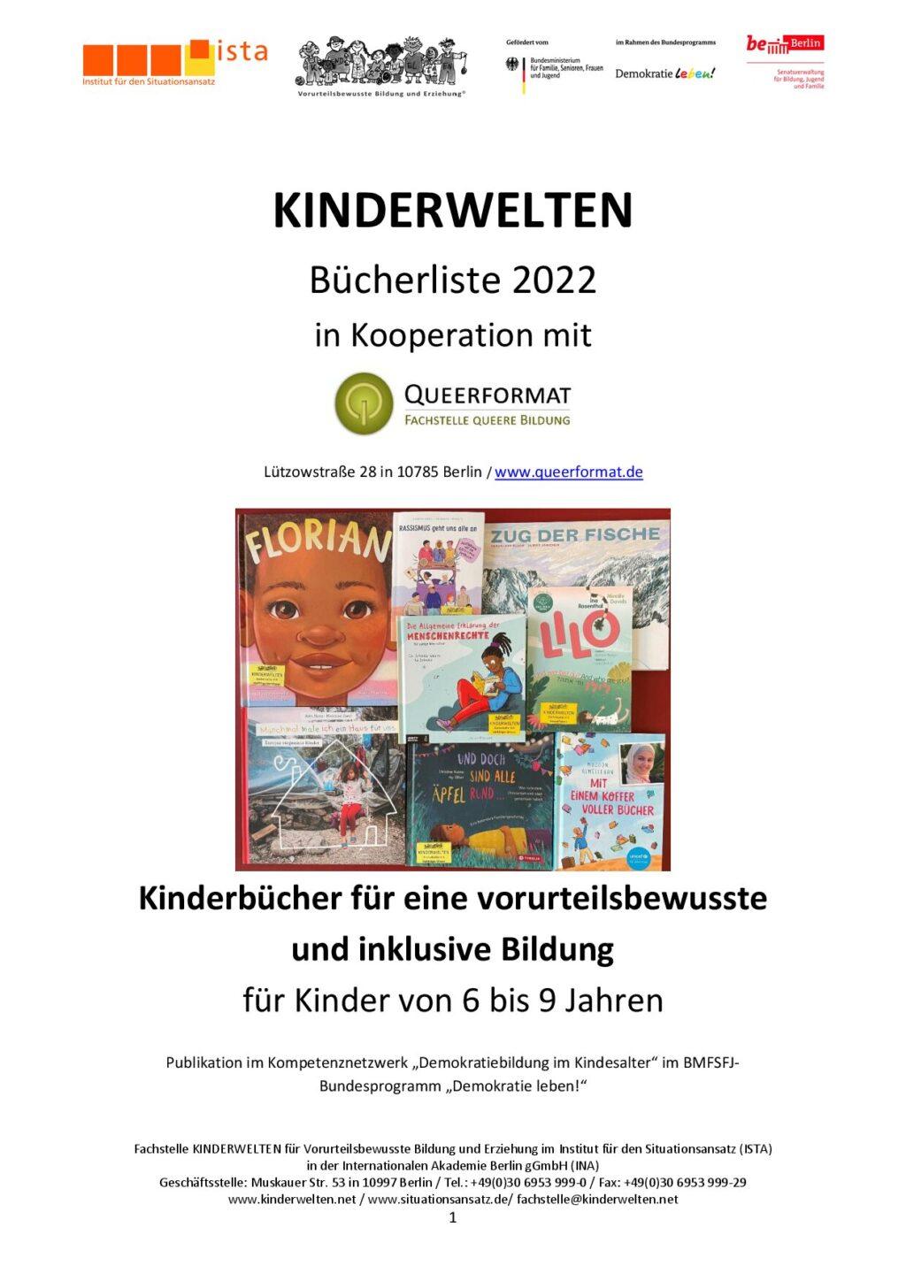 Cover von Kinderbücher für eine vorurteilsbewusste und inklusive Bildung für Kinder von 6 bis 9 Jahren. Kinderbuchempfehlungen der Fachstelle Kinderwelten in Kooperation mit Queerformat. Bücherliste 2022