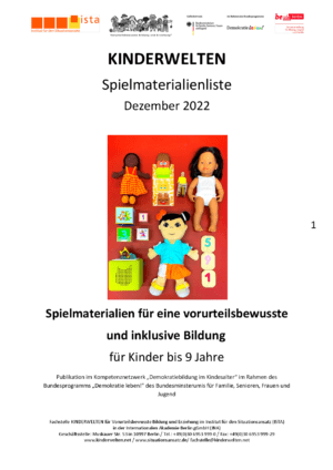 Cover von Kinderwelten. Spielmaterialien für eine vorurteilsbewusste und inklusive Bildung für Kinder bis 9 Jahre. Spielmaterialienliste Dezember 2022