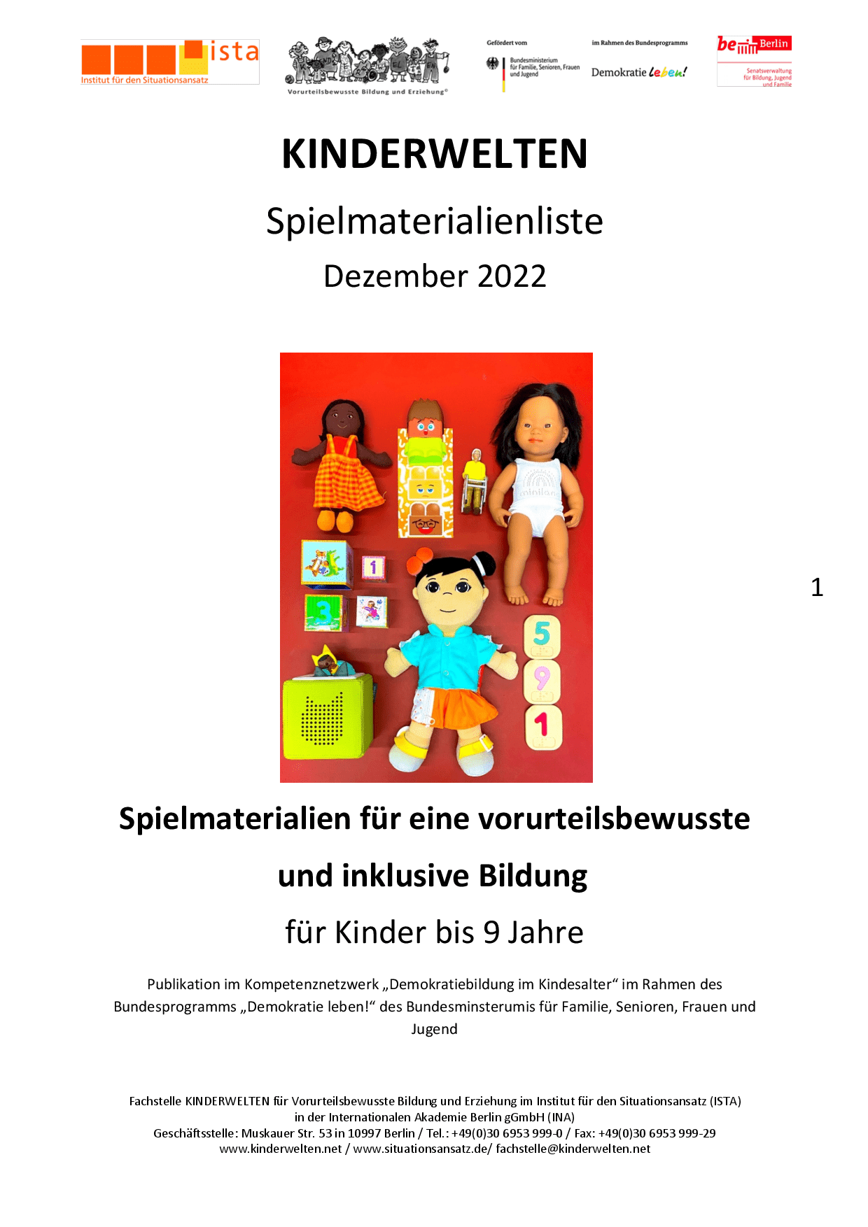 Cover von Kinderwelten. Spielmaterialien für eine vorurteilsbewusste und inklusive Bildung für Kinder bis 9 Jahre. Spielmaterialienliste Dezember 2022