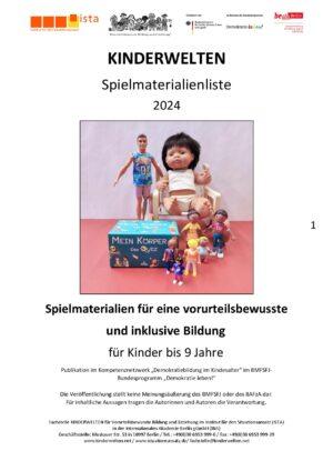 Cover von Kinderwelten. Spielmaterialienliste 2024. Spielmaterialien für eine vorurteilsbewusste und inklusive Bildung für Kinder bis 9 Jahre