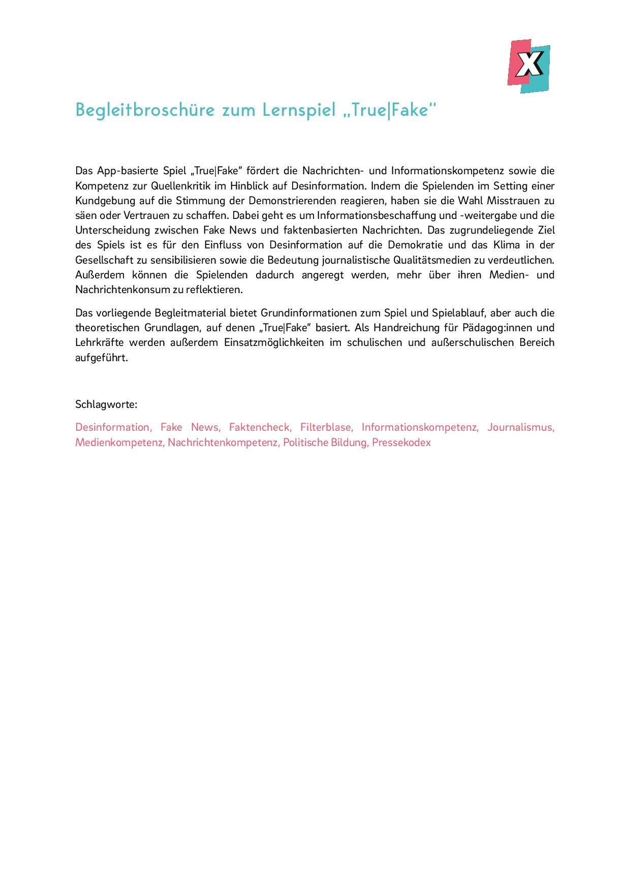 Cover von Begleitbroschüre zum Lernspiel True – Fake