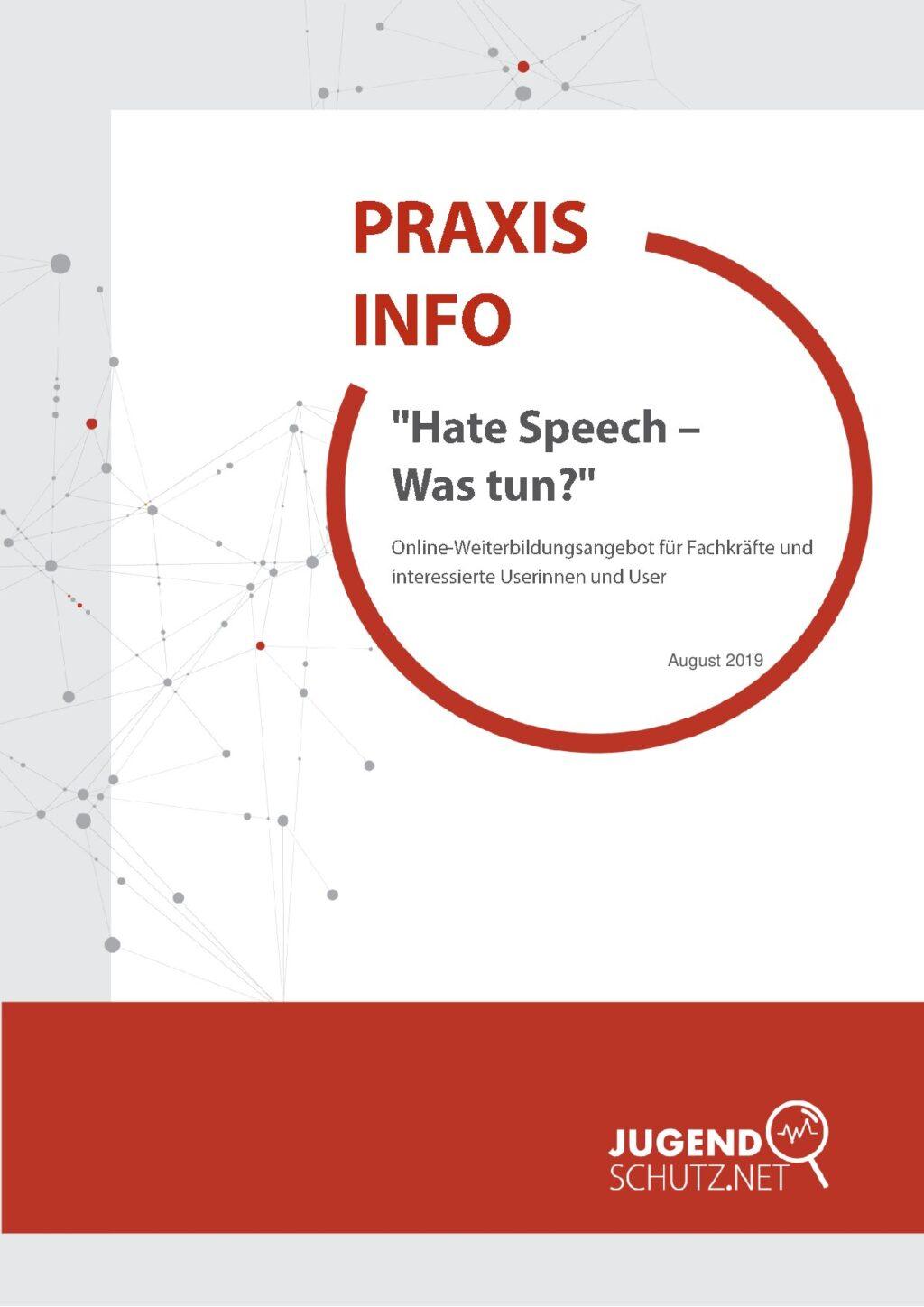 Cover von Praxisinfo. "Hate Speech – Was tun?" Online-Weiterbildungsangebot für Fachkräfte und interessierte Userinnen und User