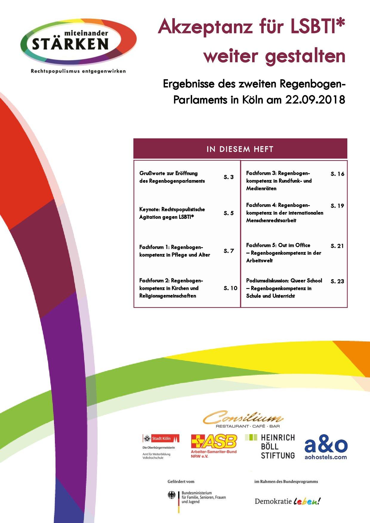 Cover von Akzeptanz für LSBTI* weiter gestalten. Ergebnisse des zweiten Regenbogen-Parlaments in Köln am 22.09.2018