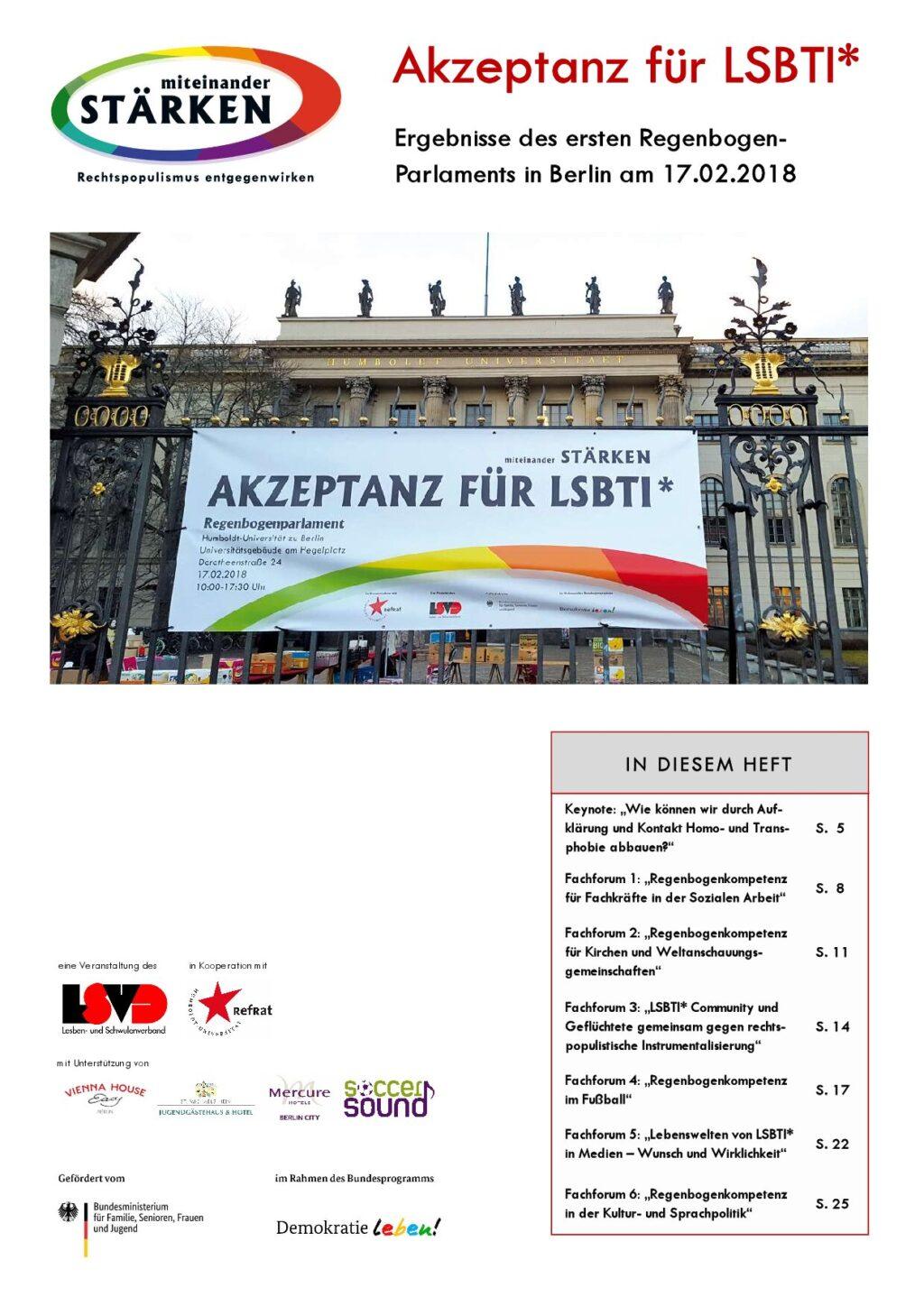 Cover von Akzeptanz für LSBTI* Ergebnisse des ersten Regenbogen-Parlaments in Berlin am 17.02.2018