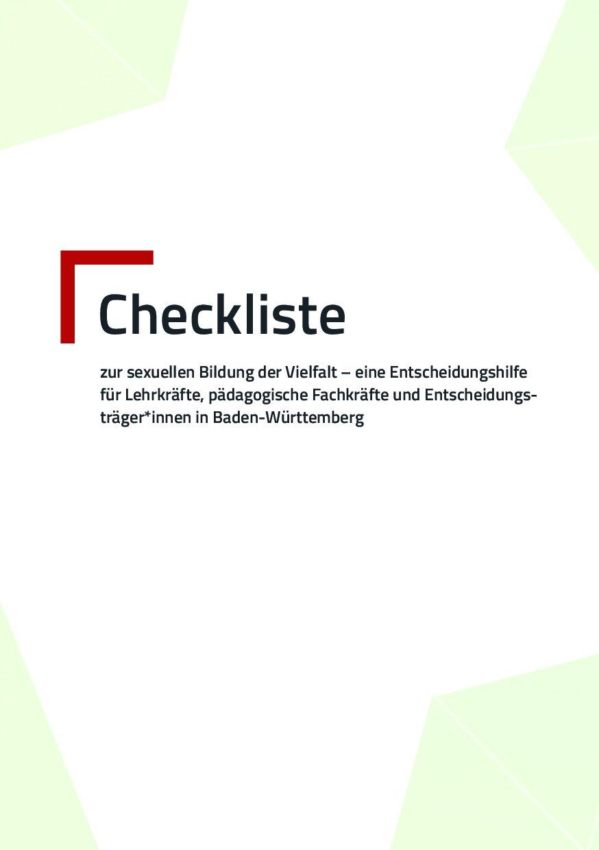 Cover von Checkliste zur sexuellen Bildung der Vielfalt – eine Entscheidungshilfe für Lehrkräfte, pädagogische Fachkräfte und Entscheidungsträger*innen in Baden-Württemberg