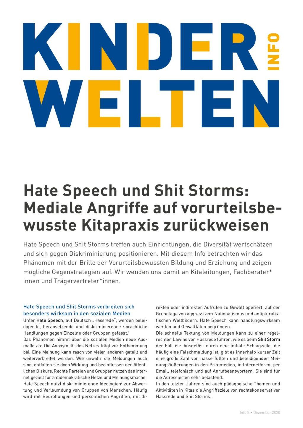 Cover von Kinderwelten Info. Hate Speech und Shit Storms: Mediale Angriffe auf vorurteilsbewusste Kitapraxis zurückweisen