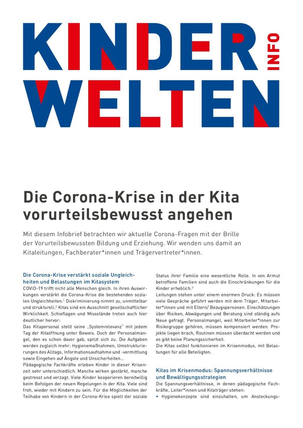 Cover von Kinderwelten Info. Die Corona-Krise in der Kita vorurteilsbewusst angehen