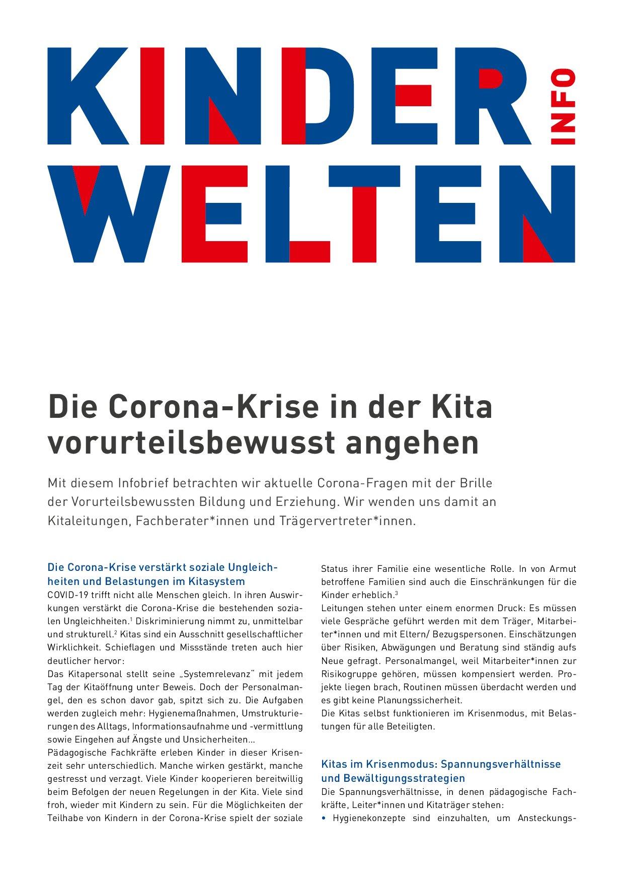 Cover von Kinderwelten Info. Die Corona-Krise in der Kita vorurteilsbewusst angehen