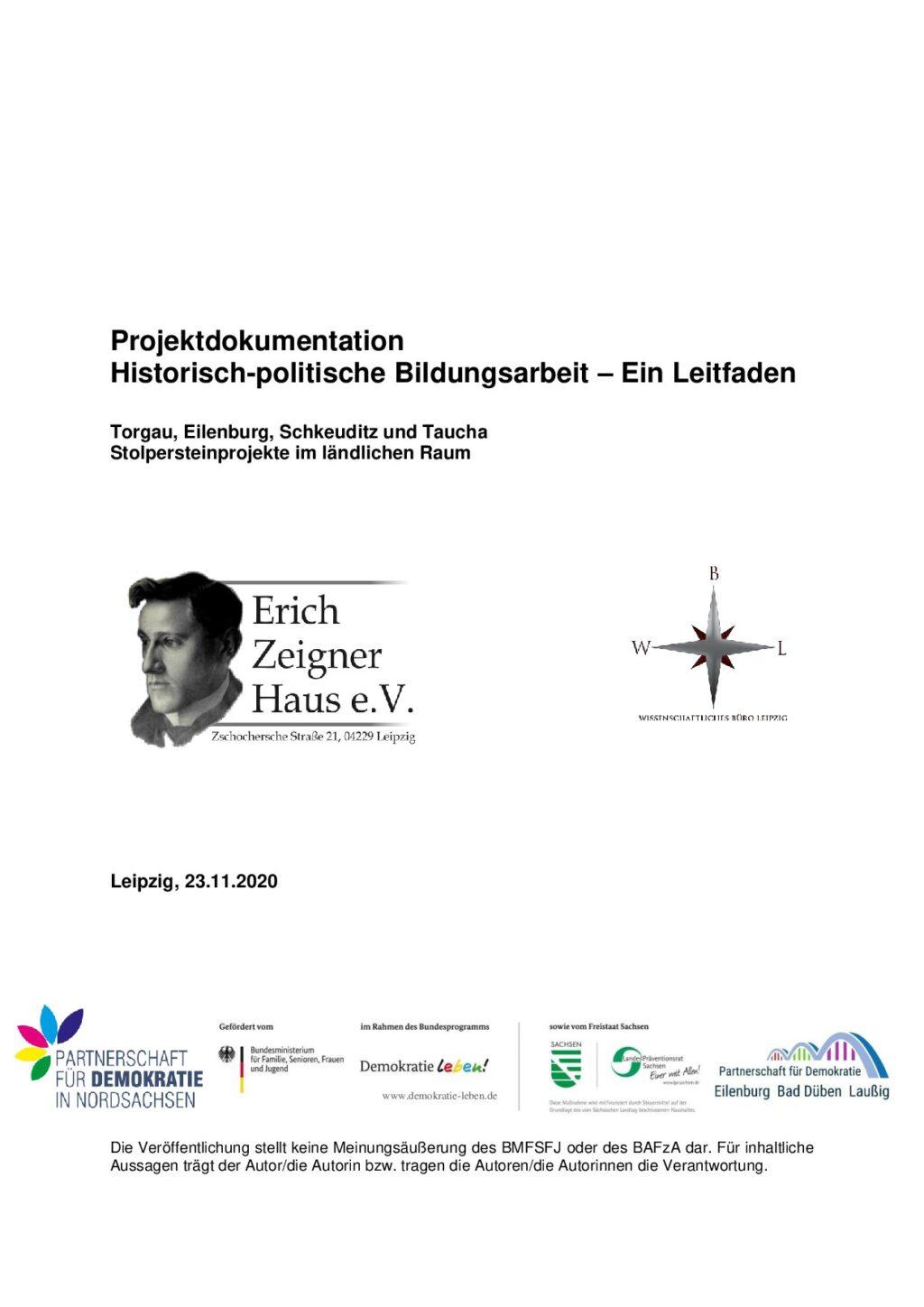 Cover von Projektdokumentation. Historisch-politische Bildungsarbeit – Ein Leitfaden. Torgau, Eilenburg, Schkeuditz und Taucha. Stolpersteinprojekte im ländlichen Raum