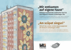 Cover von "Wir entkamen auf eigene Faust". Zeitzeug*innenberichte rumänischer Rom*nja vom Pogrom in Rostock-Lichtenhagen 1992. "Am scăpat singuri". Mărturii ale romilor români despre pogromul din Rostock-Lichtenhagen (1992). Volum editat de Centrul de Documentare "Lichtenhagen im Gedächtnis" și de Centru pentru Educație Politică al landului Mecklenburg-Pomerania