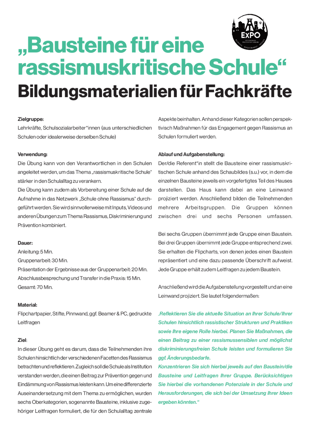 Cover von "Bausteine für eine rassismuskritische Schule" Bildungsmaterialien für Fachkräfte