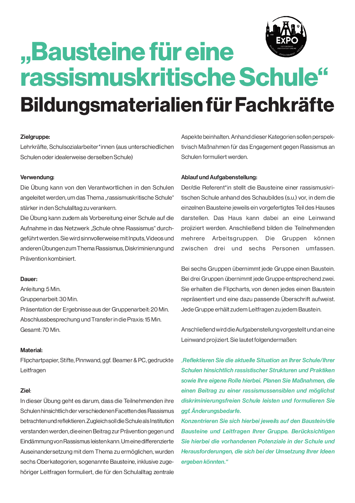 Cover von "Bausteine für eine rassismuskritische Schule" Bildungsmaterialien für Fachkräfte