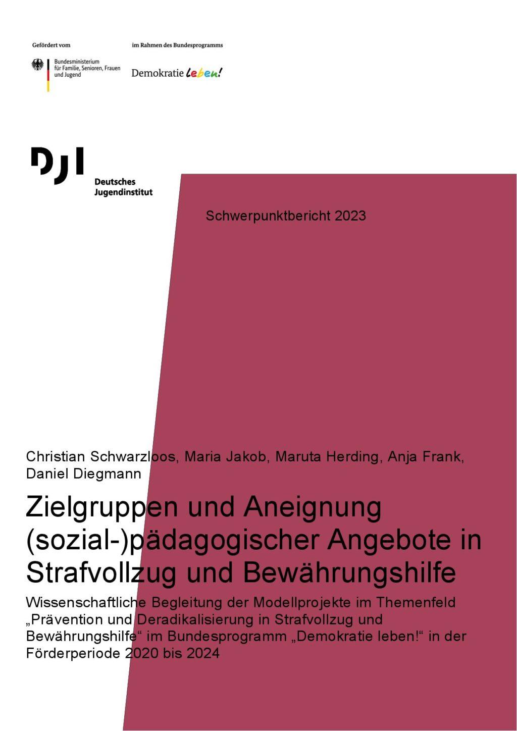 Cover von Schwerpunktbericht 2023. Zielgruppen und Aneignung (sozial-)pädagogischer Angebote in Strafvollzug und Bewährungshilfe. Wissenschaftliche Begleitung der Modellprojekte im Themenfeld "Prävention und Deradikalisierung in Strafvollzug und Bewährungshilfe" im Bundesprogramm "Demokratie leben!" in der Förderperiode 2020 bis 2024