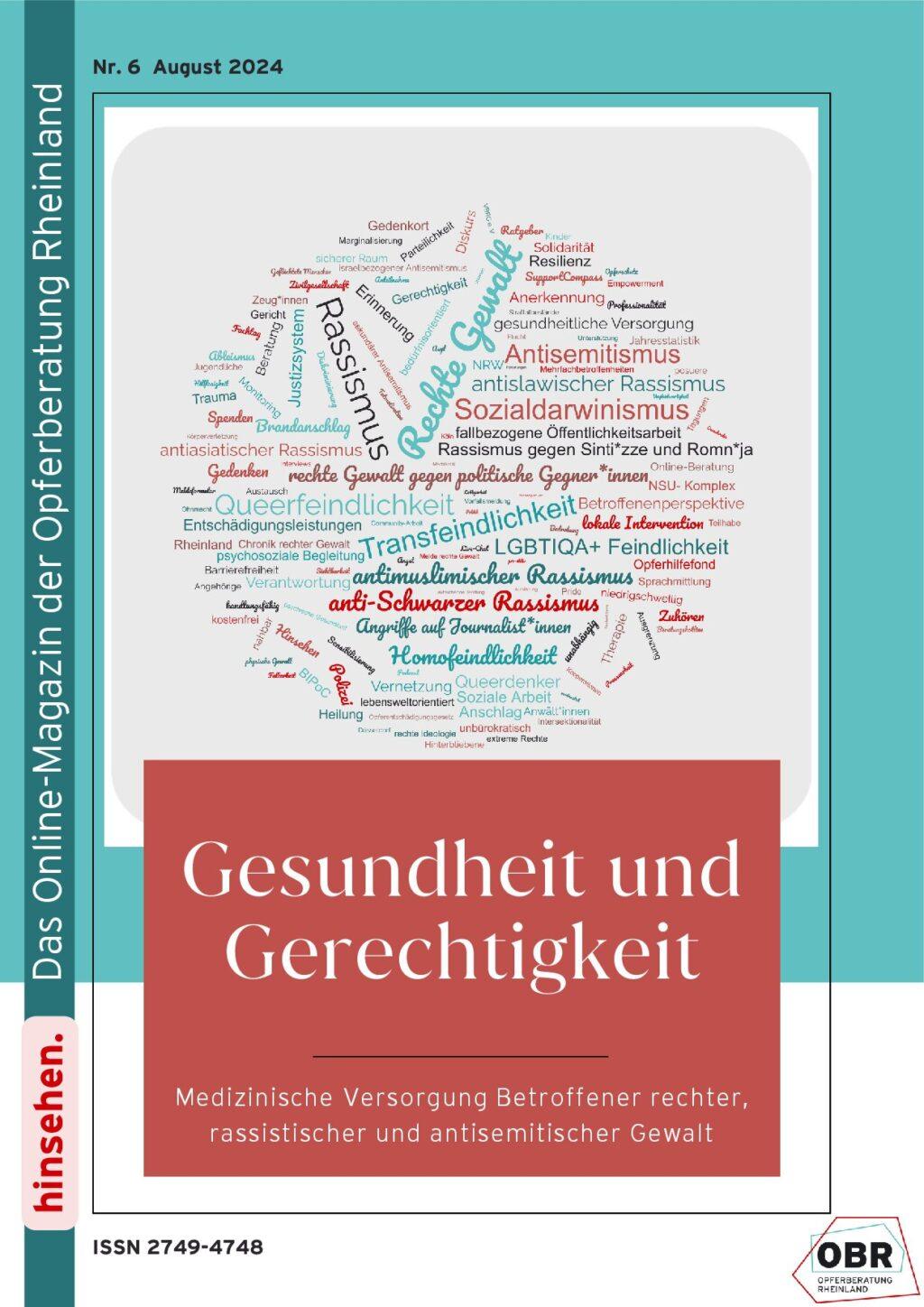 Cover von Hinsehen – Onlinemagazin der OBR, Nr. 6 2024 – Gesundheit und Gerechtigkeit. Medizinische Versorgung Betroffener rechter, rassistischer und antisemitischer Gewalt