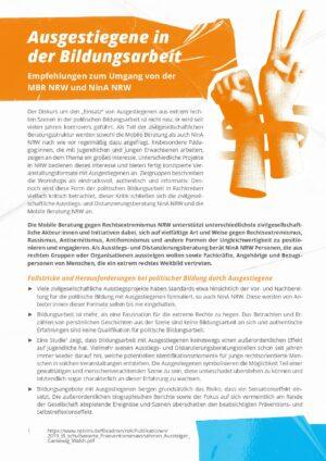 Cover von Ausgestiegene in der Bildungsarbeit. Empfehlungen zum Umgang von der MBR NRW und NinA NRW