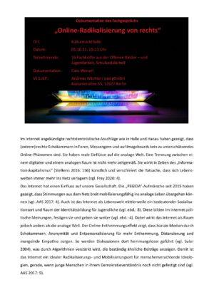 Cover von Dokumentation des Fachgesprächs: "Online Radikalisierung von rechts"