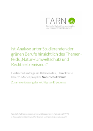 Cover von Ist-Analyse unter Studierenden der grünen Berufe hinsichtlich des Themenfelds "Natur-/Umweltschutz und Rechtsextremismus". Hochschulumfrage im Rahmen des "Demokratie leben!"-Modellprojekts NaturSchutzRaum. Zusammenfassung der wichtigsten Ergebnisse