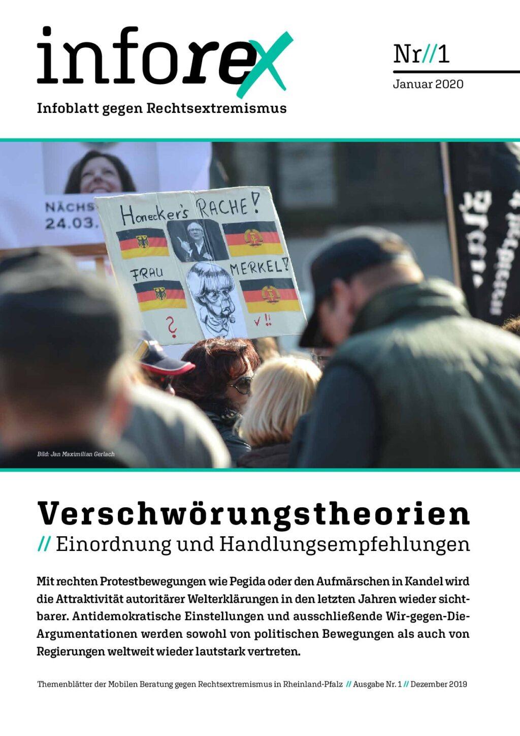 Cover von inforex 1. Infoblatt gegen Rechtsextremismus. Verschwörungstheorien. Einordnung und Handlungsempfehlungen