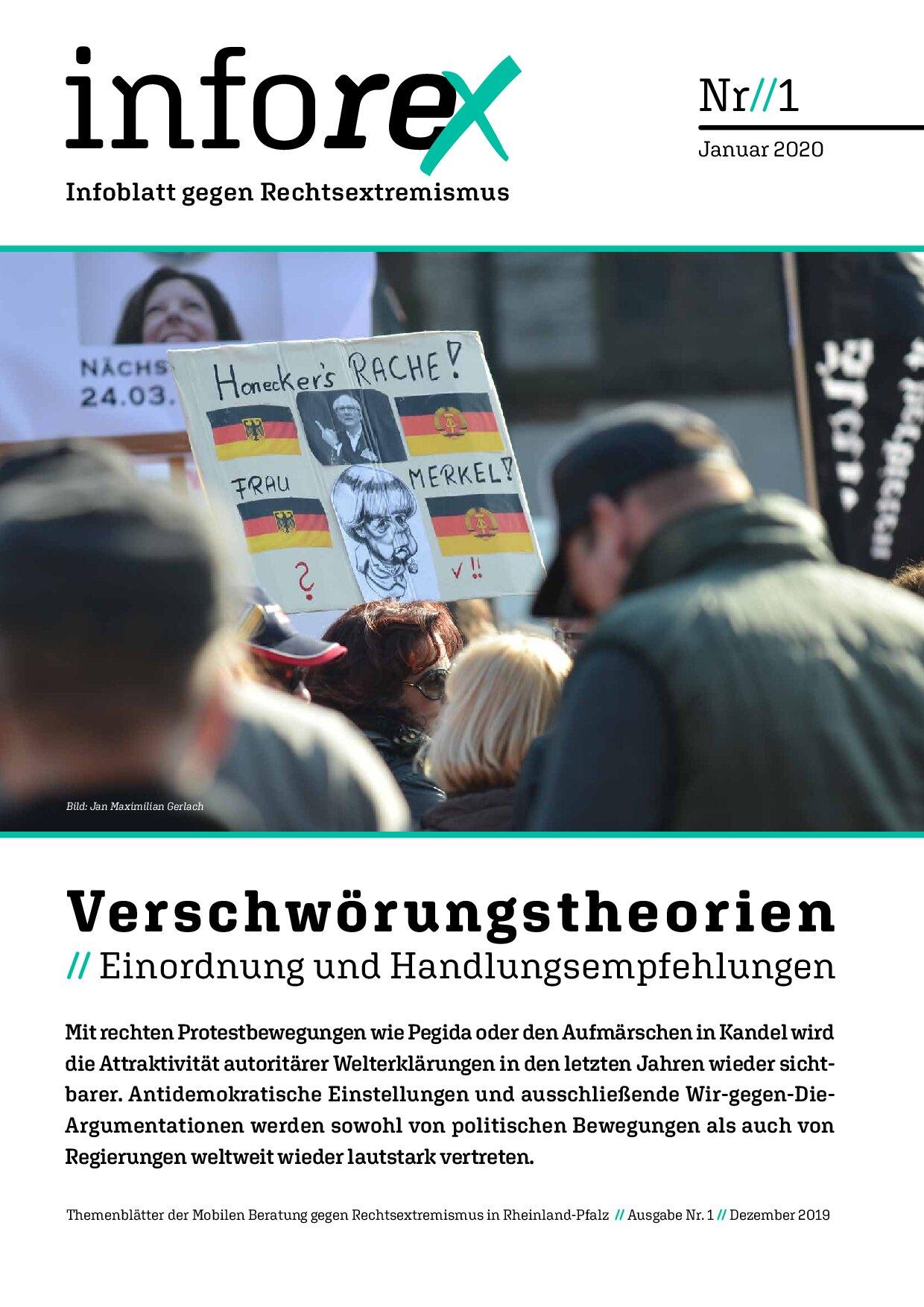 Cover von inforex 1. Infoblatt gegen Rechtsextremismus. Verschwörungstheorien. Einordnung und Handlungsempfehlungen