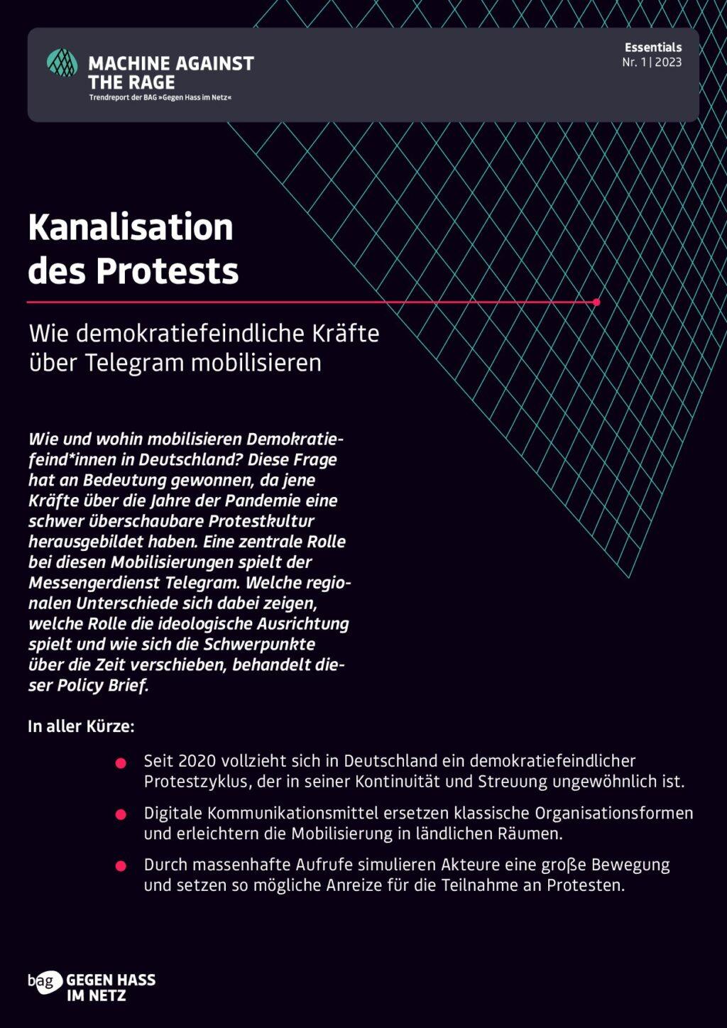 Cover von Policy Brief "Essentials Nr. 1: Kanalisation des Protests". Wie demokratiefeindliche Kräfte über Telegram mobilisieren