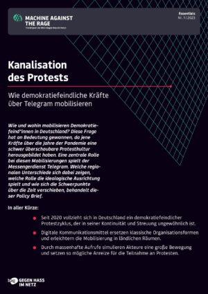 Cover von Policy Brief "Essentials Nr. 1: Kanalisation des Protests". Wie demokratiefeindliche Kräfte über Telegram mobilisieren