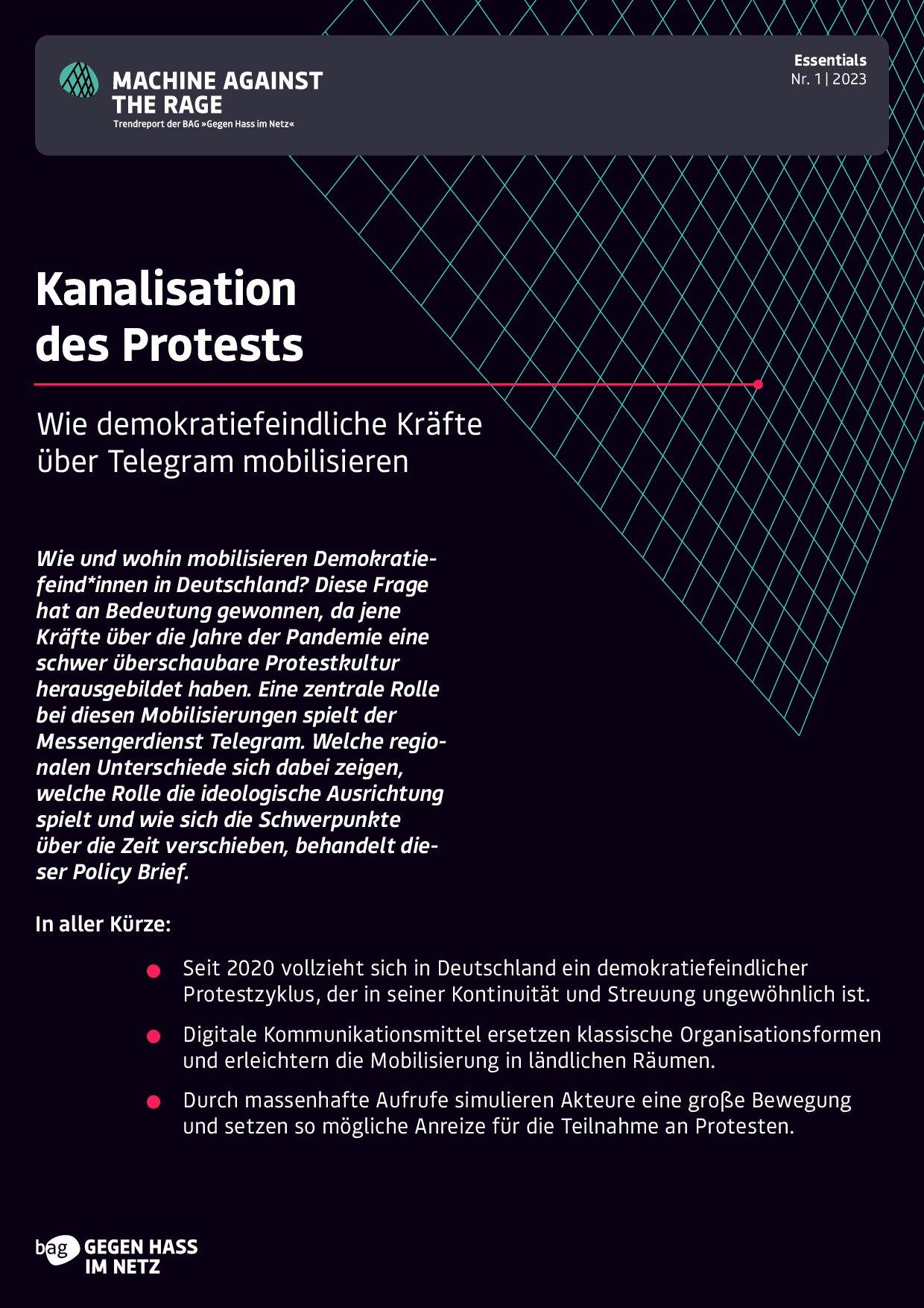 Cover von Policy Brief "Essentials Nr. 1: Kanalisation des Protests". Wie demokratiefeindliche Kräfte über Telegram mobilisieren