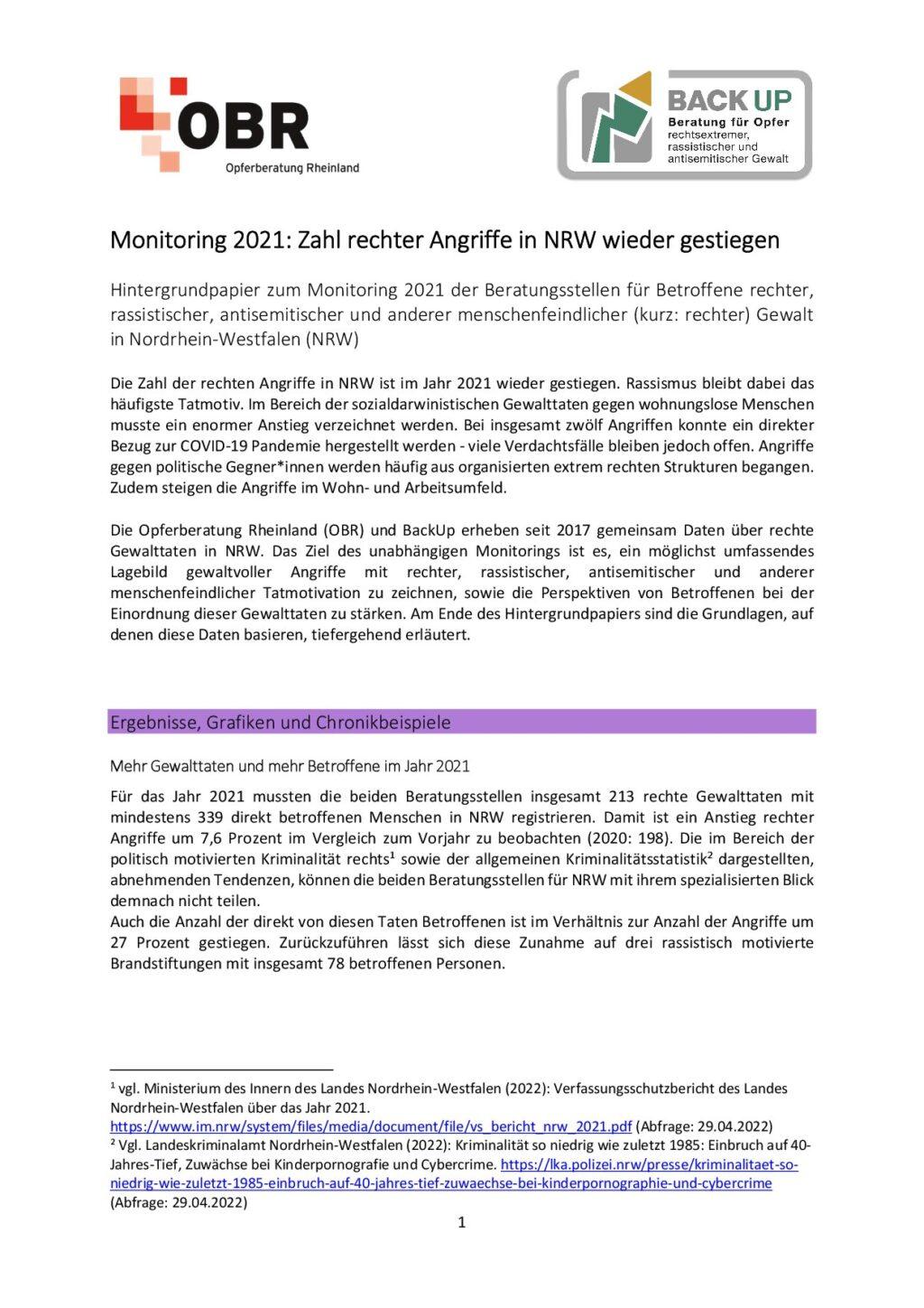 Cover von Monitoring 2021: Zahl rechter Angriffe in NRW wieder gestiegen