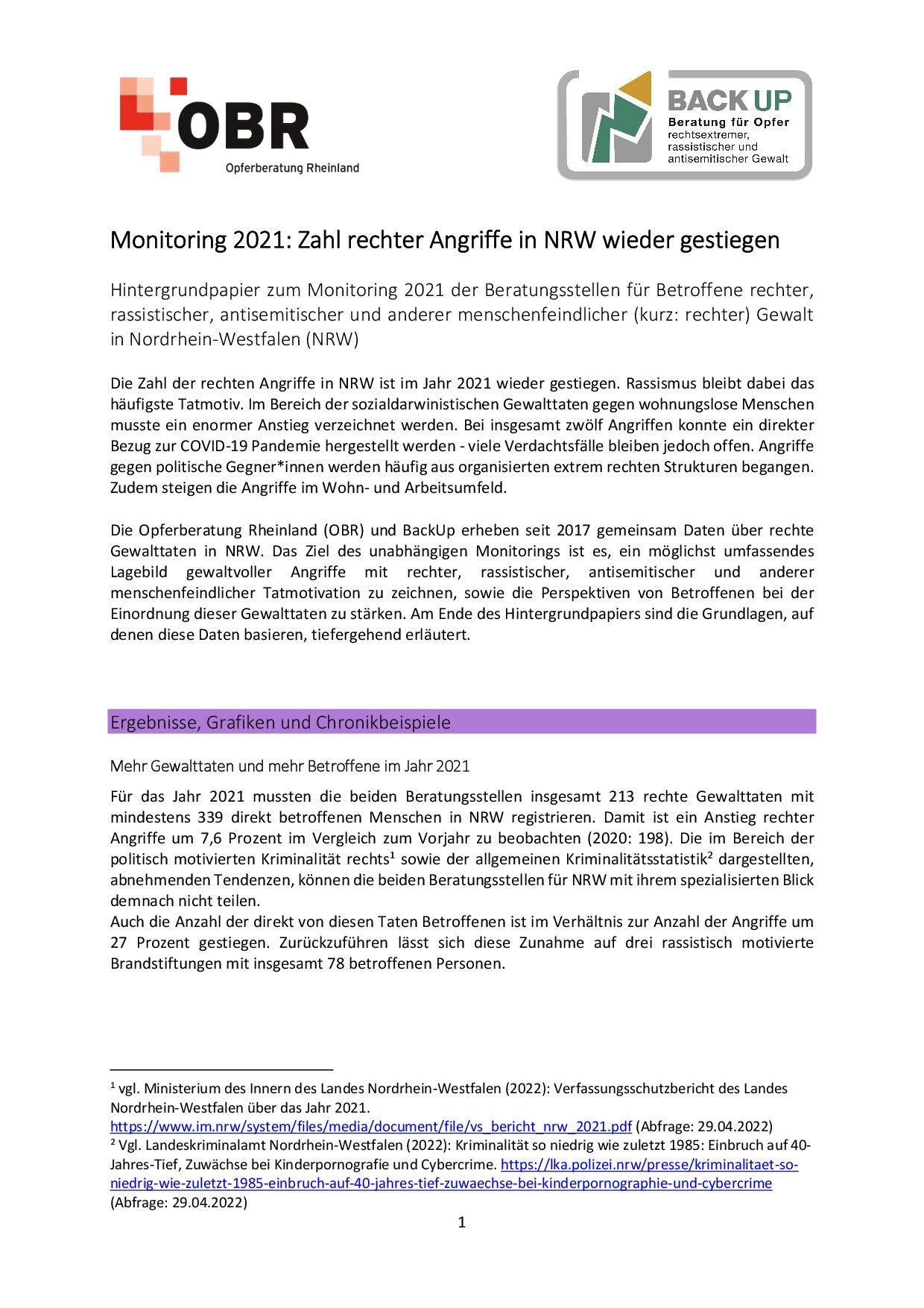 Cover von Monitoring 2021: Zahl rechter Angriffe in NRW wieder gestiegen