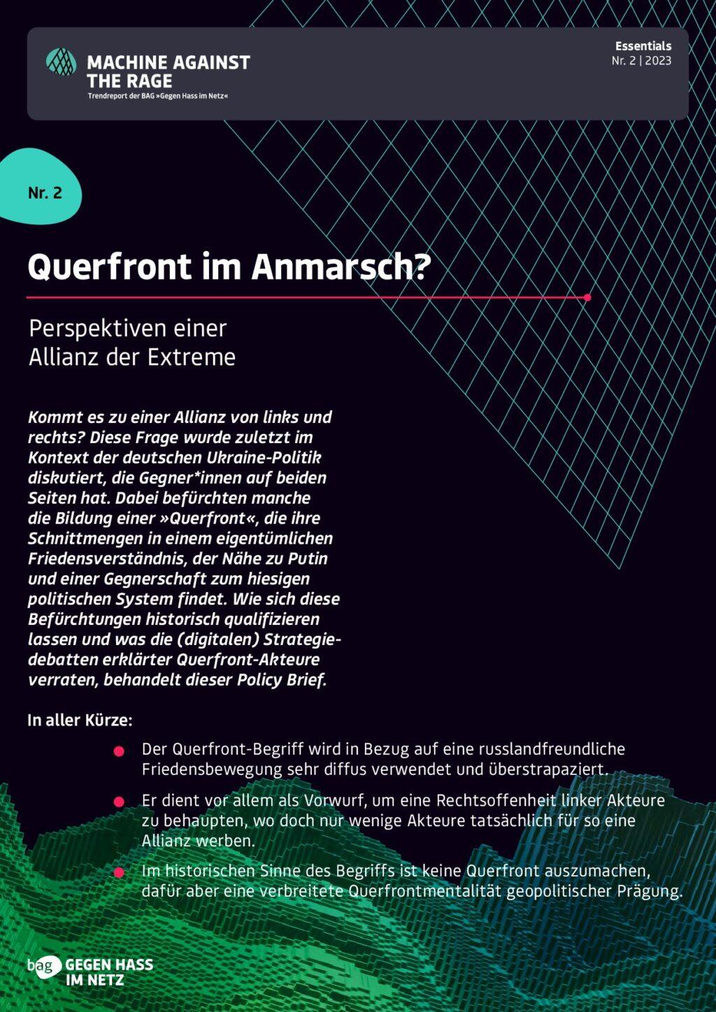 Cover von Policy Brief "Essentials Nr. 2: Querfront im Anmarsch?" Perspektiven einer Allianz der Extreme