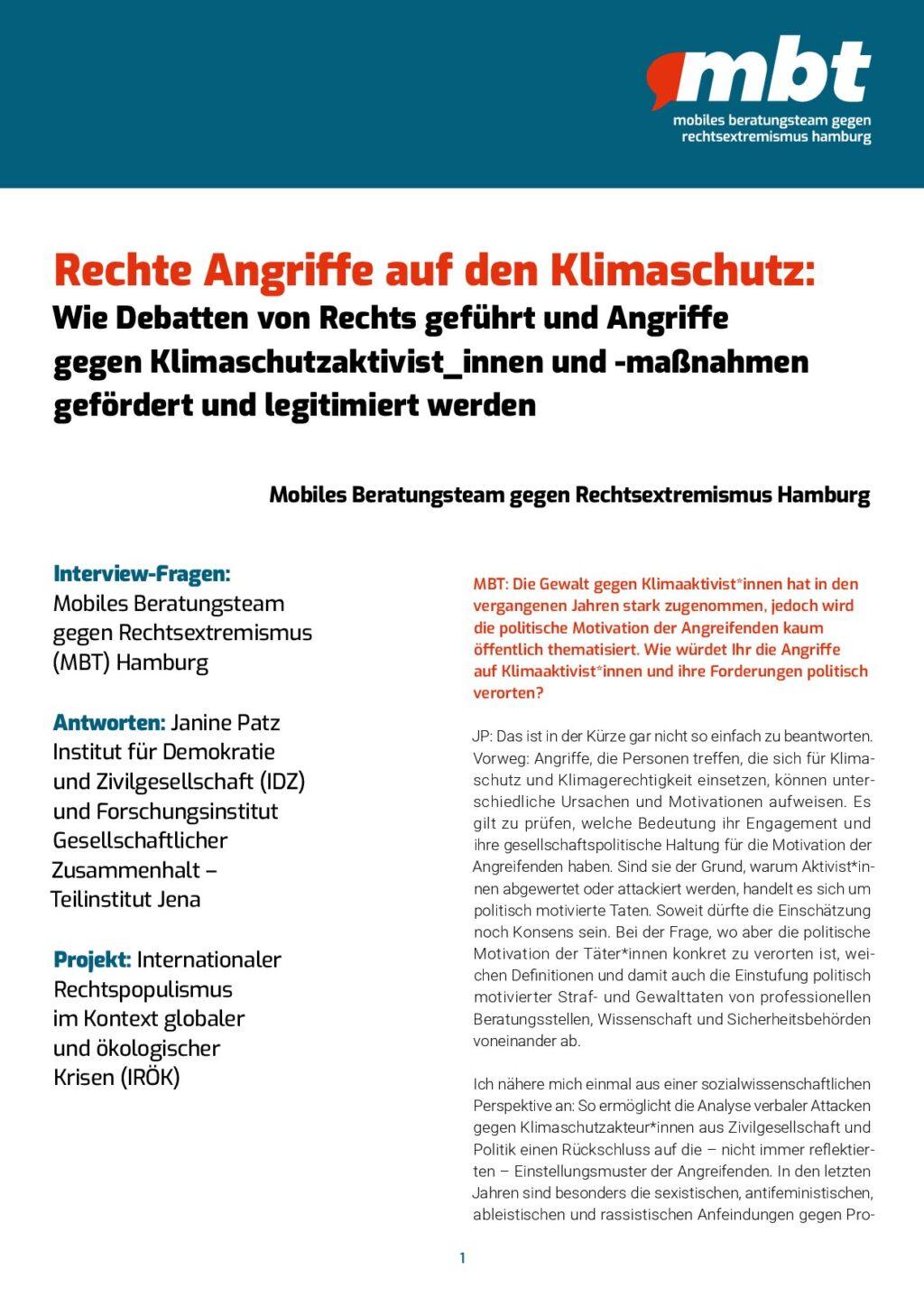 Cover von Rechte Angriffe auf den Klimaschutz: Wie Debatten von Rechts geführt und Angriffe gegen Klimaschutzaktivist_innen und -maßnahmen gefördert und legitimiert werden