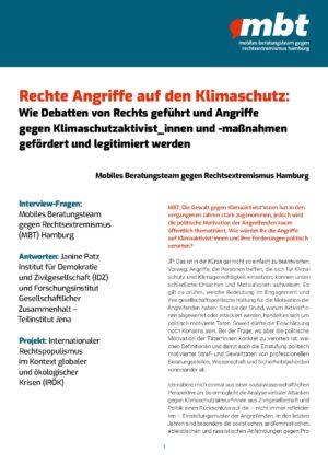 Cover von Rechte Angriffe auf den Klimaschutz: Wie Debatten von Rechts geführt und Angriffe gegen Klimaschutzaktivist_innen und -maßnahmen gefördert und legitimiert werden