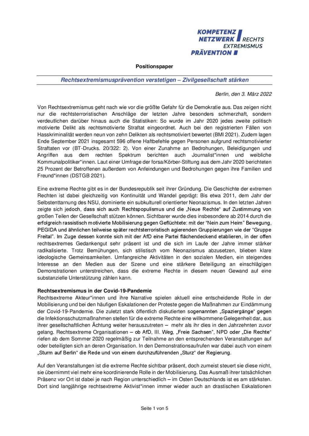 Cover von Positionspapier: Rechtsextremismusprävention verstetigen – Zivilgesellschaft stärken