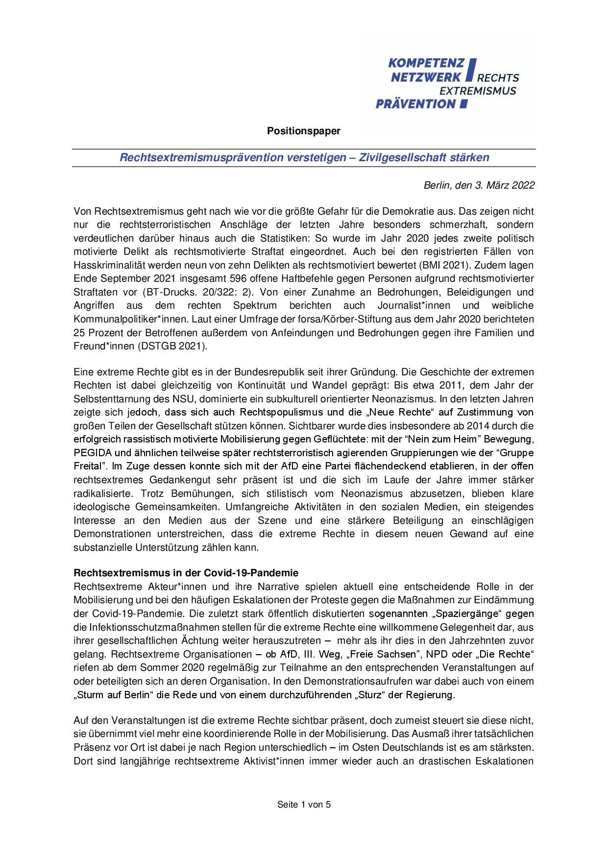 Cover von Positionspapier: Rechtsextremismusprävention verstetigen – Zivilgesellschaft stärken