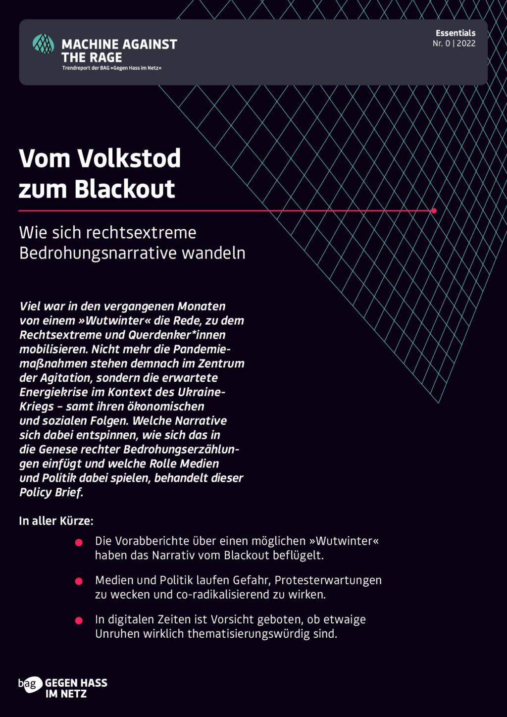 Cover von Policy Brief "Essentials Nr. 0: Vom Blackout zum Volkstod". Wie sich rechtsextreme Bedrohungsnarrative wandeln