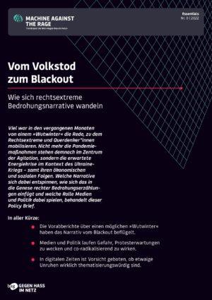 Cover von Policy Brief "Essentials Nr. 0: Vom Blackout zum Volkstod". Wie sich rechtsextreme Bedrohungsnarrative wandeln