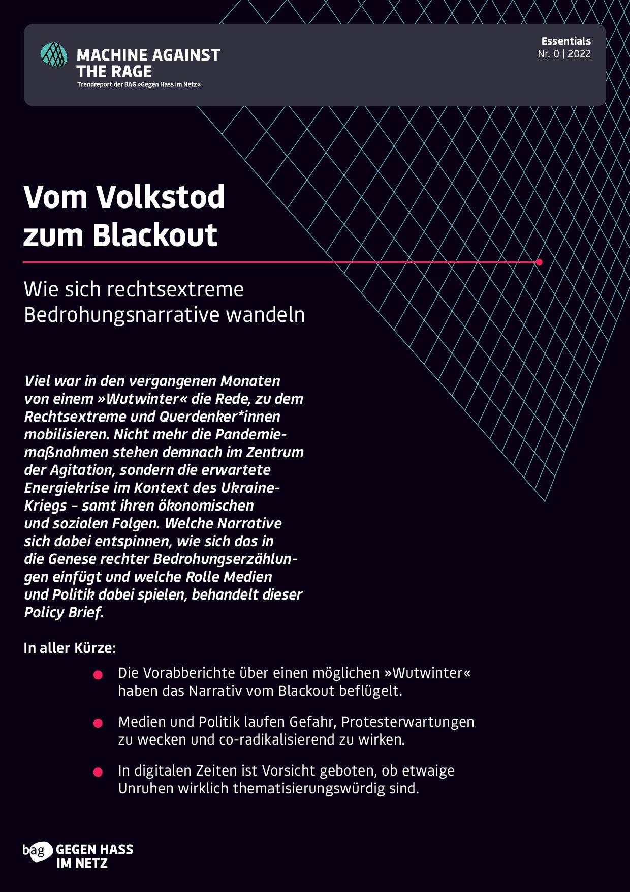 Cover von Policy Brief "Essentials Nr. 0: Vom Blackout zum Volkstod". Wie sich rechtsextreme Bedrohungsnarrative wandeln