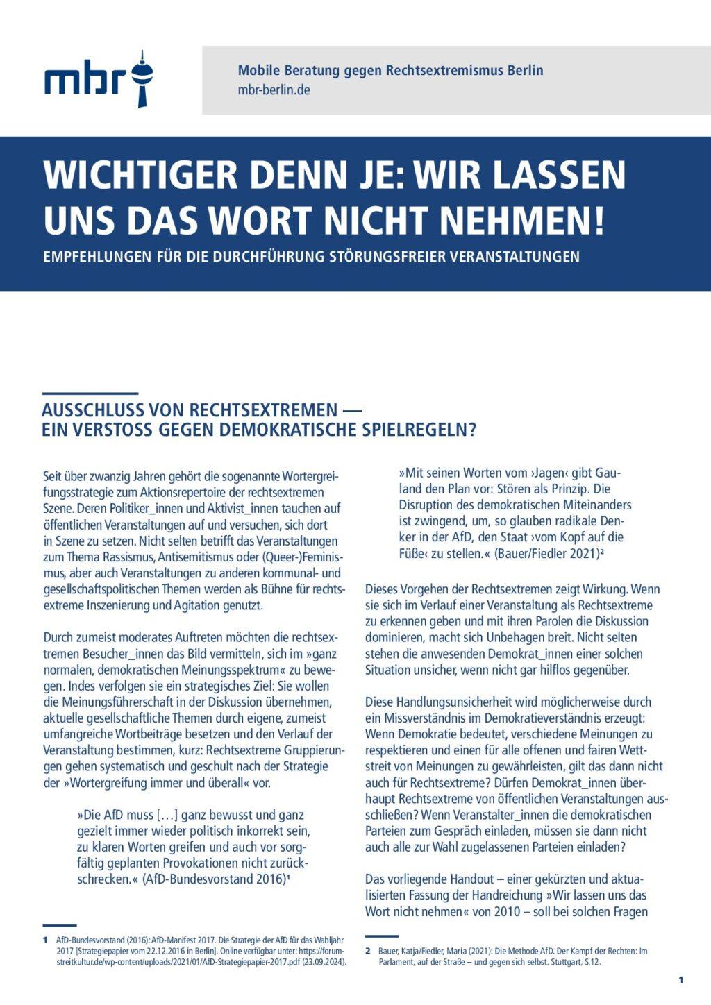 Cover von Wichtiger denn je: Wir lassen uns das Wort nicht nehmen! Empfehlungen für die Durchführung störungsfreier Veranstaltungen
