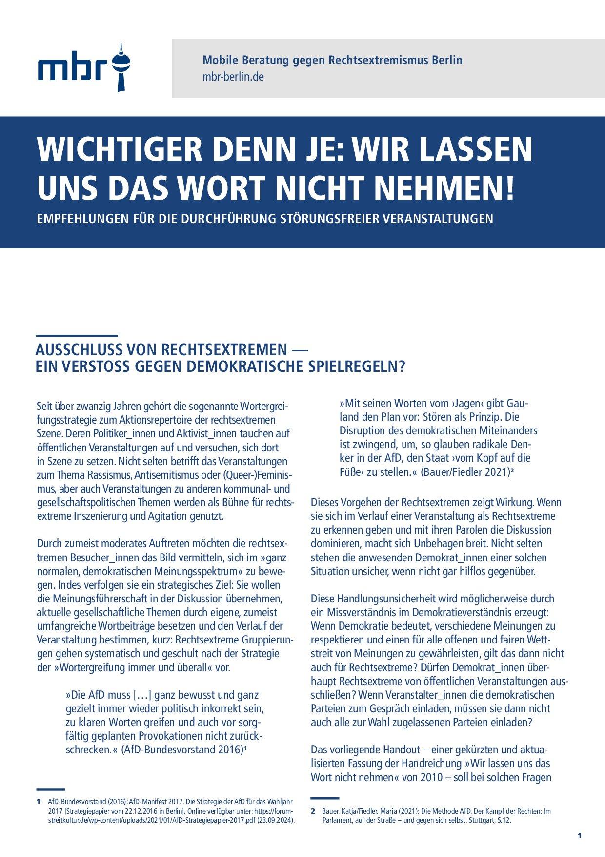 Cover von Wichtiger denn je: Wir lassen uns das Wort nicht nehmen! Empfehlungen für die Durchführung störungsfreier Veranstaltungen